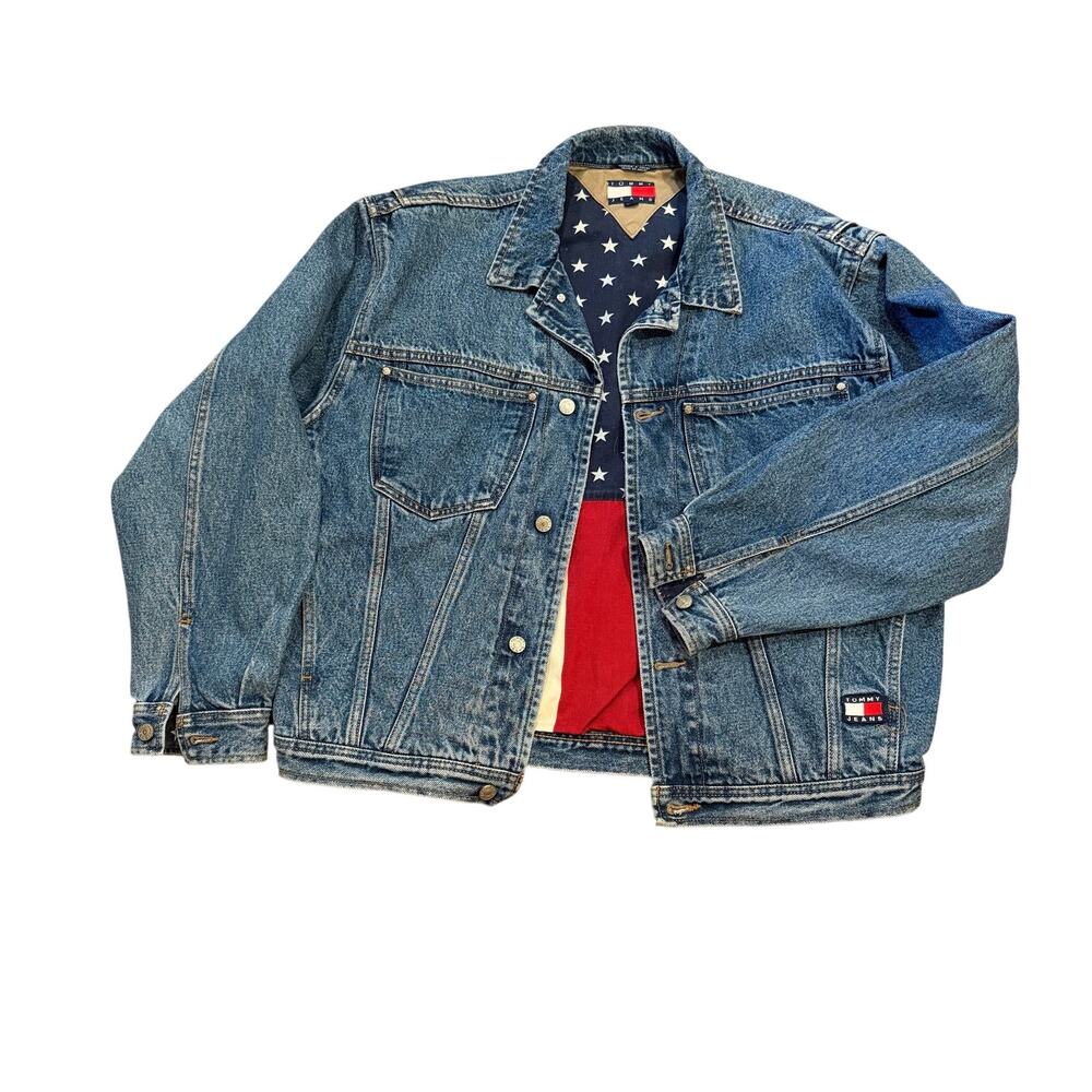 Vintage 90s Tommy Hilfiger Denim jacket USA American Flag Stars Stripes Lined M